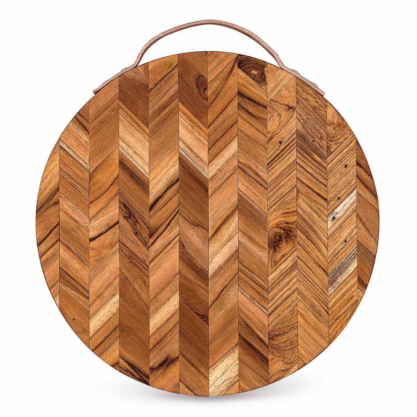 Handcrafted Herringbone Pattern Wooden Chopping Board with Leather Handle