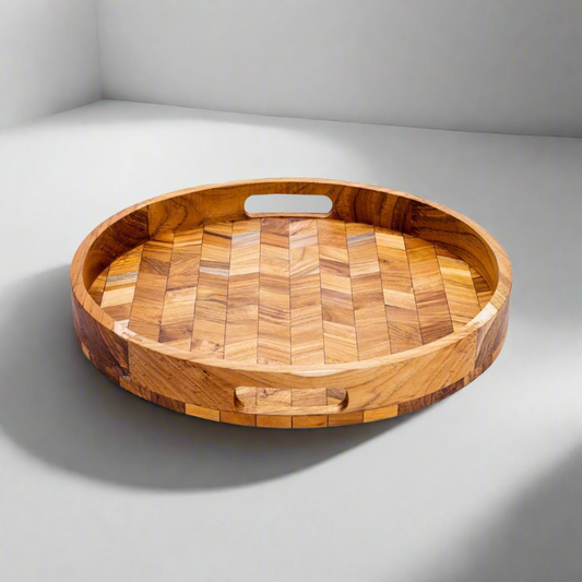 Herringbone Pattern Round Wooden Serving Tray