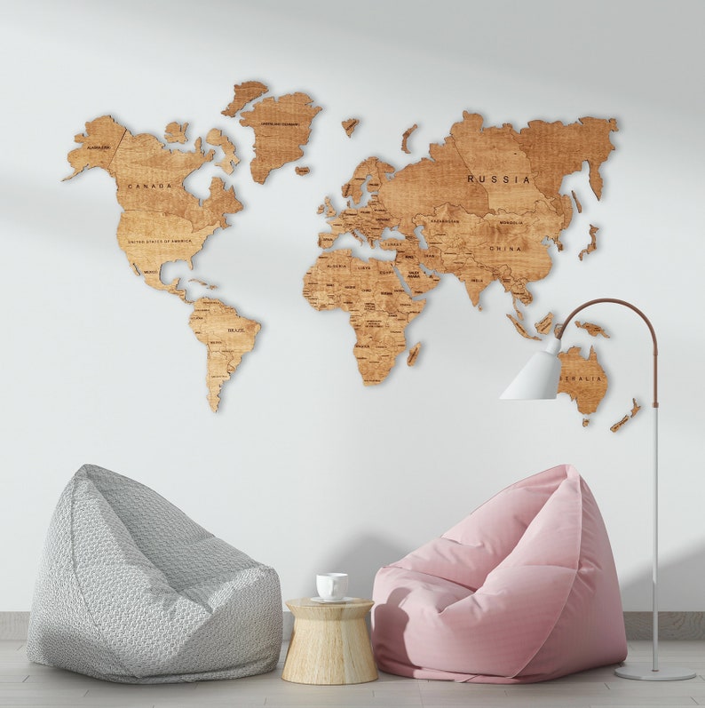 Wooden World Map Wall Art (Light Oak)