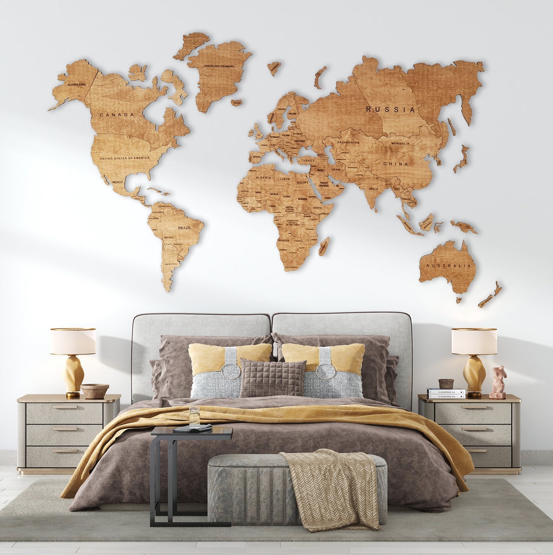 Wooden World Map Wall Art (Light Oak)