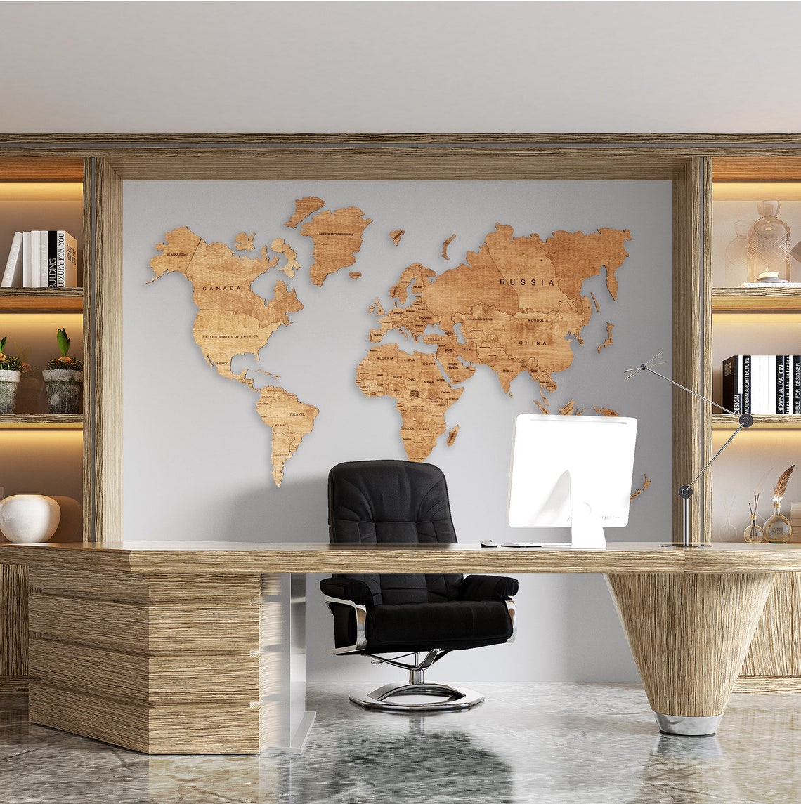 Wooden World Map Wall Art (Light Oak)